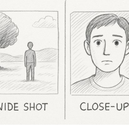 A simple sketch of a 'Wide Shot' next to a 'Close-up' of the same subject to show contrast.