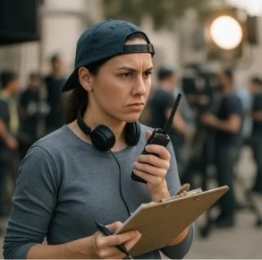 A focused Assistant Director on a busy movie set, holding a clipboard and a walkie-talkie, with a large film crew and lighting equipment blurred in the background.