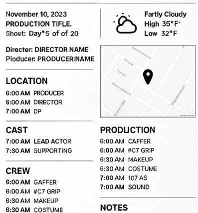 A clean, professional Call Sheet generated by software showing clearly labeled call times, weather, and location map.