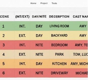 A clean screenshot of a color-coded production stripboard within the Studiovity interface showing scene numbers and cast names.