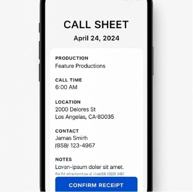 A sleek smartphone interface showing a digital call sheet with a 'Confirm Receipt' button.