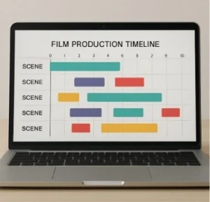A clean, modern laptop screen showing a film production timeline with different colored blocks representing scenes.