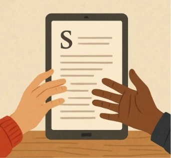 Two hands from different people reaching towards a central tablet showing a script, symbolizing collaboration.