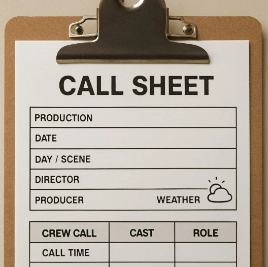 A close-up of a neatly organized call sheet on a clipboard, with clear headers and a 'weather forecast' icon.