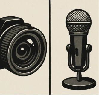 A split-screen illustration showing a camera lens on one side and a microphone on the other to represent the two columns.
