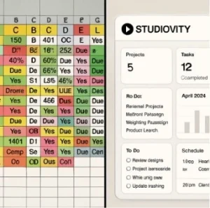 A split-screen visual showing a messy, color-coded spreadsheet on one side and a clean, organized Studiovity dashboard on the other.