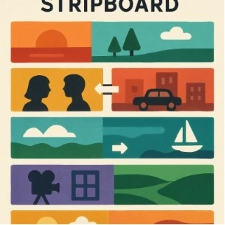 A visual representation of a 'stripboard'—colorful horizontal bars representing different scenes being rearranged.