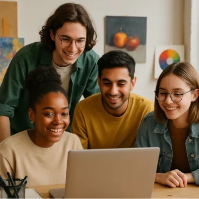 A group of diverse students in a creative studio looking at a single laptop screen, smiling and collaborating.