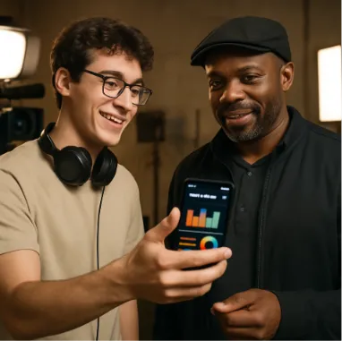 A student on a film set confidently showing a professional producer their production dashboard on a mobile phone.