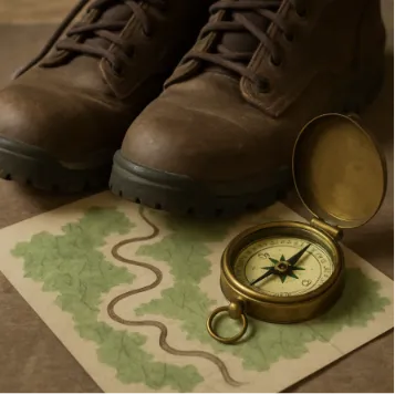A pair of hiking boots and a weathered brass compass resting on a simple map of a winding forest path.