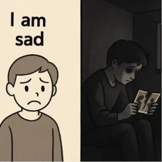 A visual contrast: one side shows a character saying 'I am sad', the other side shows a character sitting alone in a dark room holding a torn photograph.