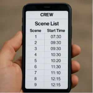 A close-up of a mobile phone displaying a clear, simple list of scene numbers and a 'Start Time' for a crew member.