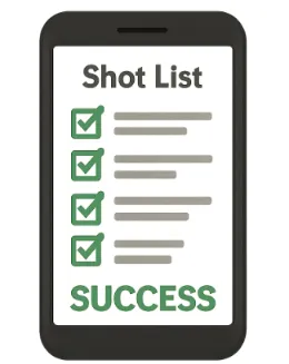 A simple 'Success' graphic showing a finished shot list on a smartphone screen.
