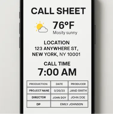 A professional digital call sheet on a mobile device showing weather, location, and call time.