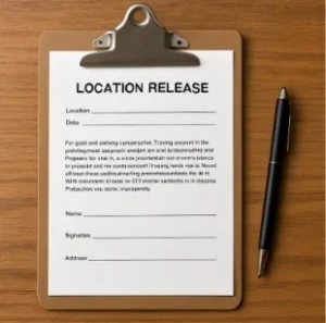 A simple, clean image of a clipboard with a 'Location Release' form and a pen resting on a wooden table.