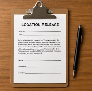 A simple, clean image of a clipboard with a 'Location Release' form and a pen resting on a wooden table.