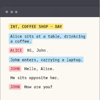 A digital interface showing a script page with different colored highlights for actors, props, and locations.