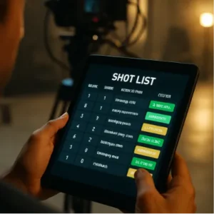 A tablet screen showing a crew member viewing a live-updated shot list on a film set