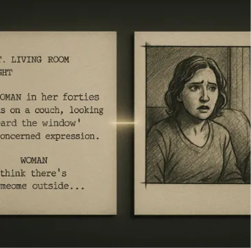 A split-screen view showing a script on the left and a corresponding storyboard frame on the right, connected by a subtle glowing line.