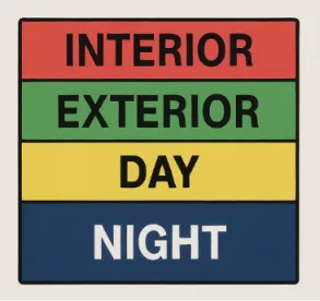 A clean representation of a digital stripboard showing different colored strips for Interior/Exterior and Day/Night.