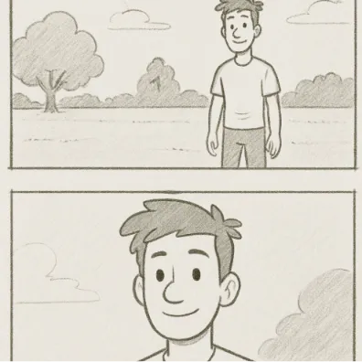 A simple storyboard panel showing a wide shot and a close-up of a character.