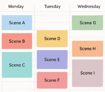 A digital calendar view showing blocks of time assigned to different scenes.