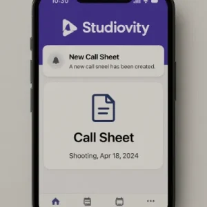 A smartphone screen showing the Studiovity mobile app with a notification for a new call sheet.