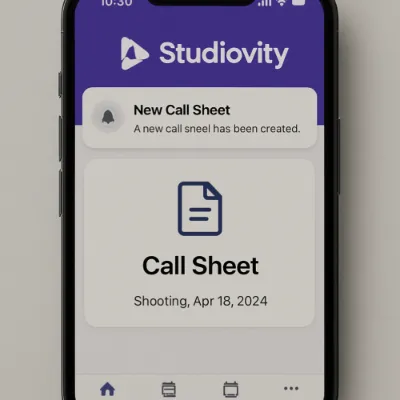 A smartphone screen showing the Studiovity mobile app with a notification for a new call sheet.