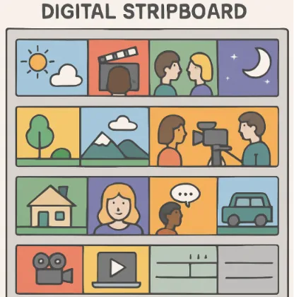 A digital stripboard showing colorful 'strips' representing different scenes, making the workflow look visual and easy.
