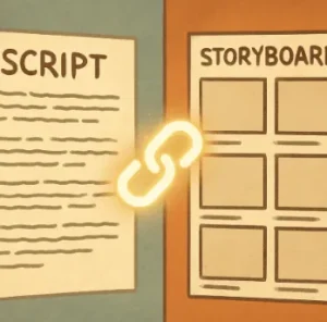 A split-screen illustration showing a written script on the left and a series of empty storyboard frames on the right, connected by a glowing link.
