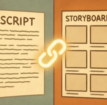 A split-screen illustration showing a written script on the left and a series of empty storyboard frames on the right, connected by a glowing link.