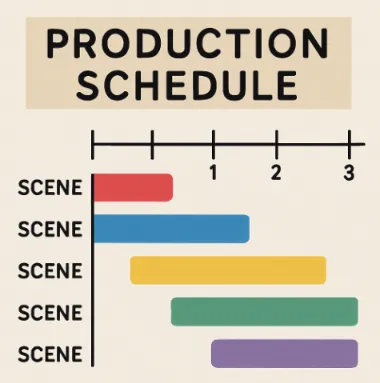 A simplified, color-coded production schedule showing different scenes arranged in a timeline.