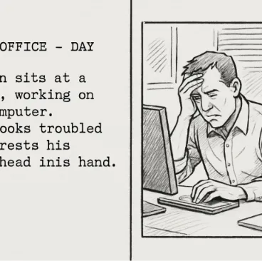 A split-screen view showing a script paragraph on the left and a storyboard sketch panel on the right.