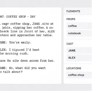 A clean interface showing a script on the left and a sidebar of automatically tagged elements like 'Props', 'Cast', and 'Locations' on the right.