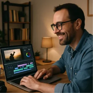 A filmmaker in a home office smiling while looking at a clean, modern software interface on a laptop.
