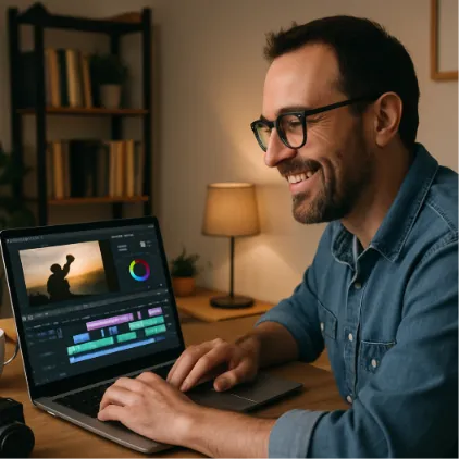 A filmmaker in a home office smiling while looking at a clean, modern software interface on a laptop.
