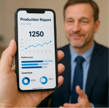 A person's hand holding a smartphone displaying a sleek, digital 'Production Report' while an interviewer nods in the background.