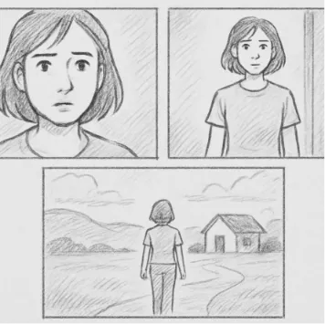 A simple 3-panel storyboard sketch showing a close-up, a medium shot, and a wide shot.
