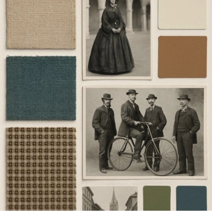 A mood board layout featuring fabric swatches, historical photos, and color chips.