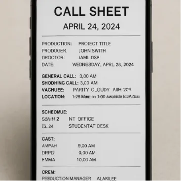 A professional, easy-to-read digital call sheet displayed on a smartphone screen.