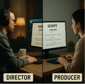 A split-screen showing a director in one room and a producer in another, both seeing the same updated script on their screens simultaneously.
