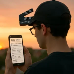 A student director looking at a smartphone screen showing a clear, organized digital call sheet with a sunset in the background.