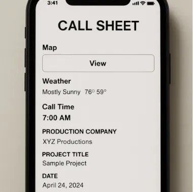 A mobile phone screen showing a clear, professional call sheet with 'Map,' 'Weather,' and 'Call Time' clearly visible.