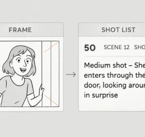 A digital interface mockup showing a storyboard frame on the left and its corresponding shot list entry on the right, connected by a subtle arrow.