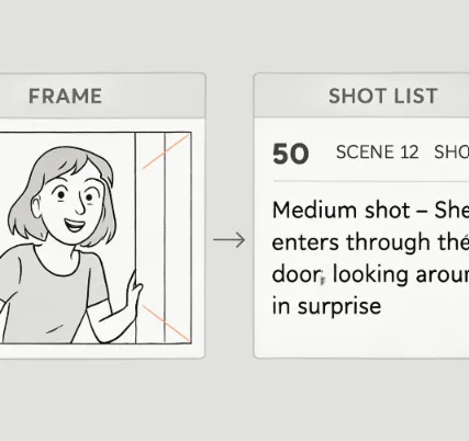 A digital interface mockup showing a storyboard frame on the left and its corresponding shot list entry on the right, connected by a subtle arrow.