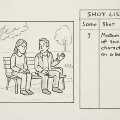 A digital storyboard panel showing a simple sketch of two characters in a park, with a shot list sidebar visible.