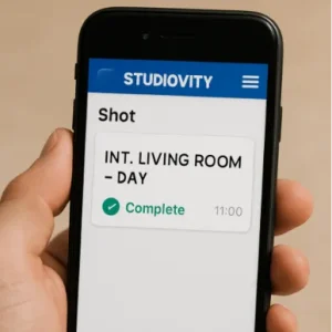 A smartphone showing the Studiovity mobile view with a shot marked as 'Complete' (green checkmark).