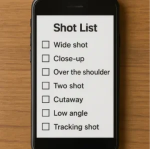 A smartphone screen showing a clear, easy-to-read digital shot list with checkboxes.