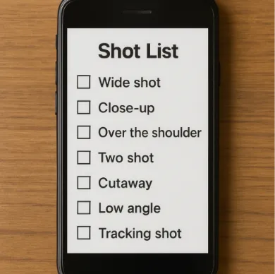 A smartphone screen showing a clear, easy-to-read digital shot list with checkboxes.