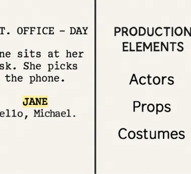 A split-screen showing a script on the left with highlighted words and a neat list of production elements (Actors, Props, Costumes) on the right.